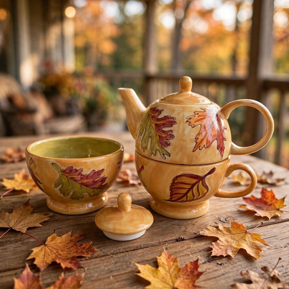 Stackable Autumn Fall Leaves Tea for One Teapot Cup Set + Extra Cup Lid Fall